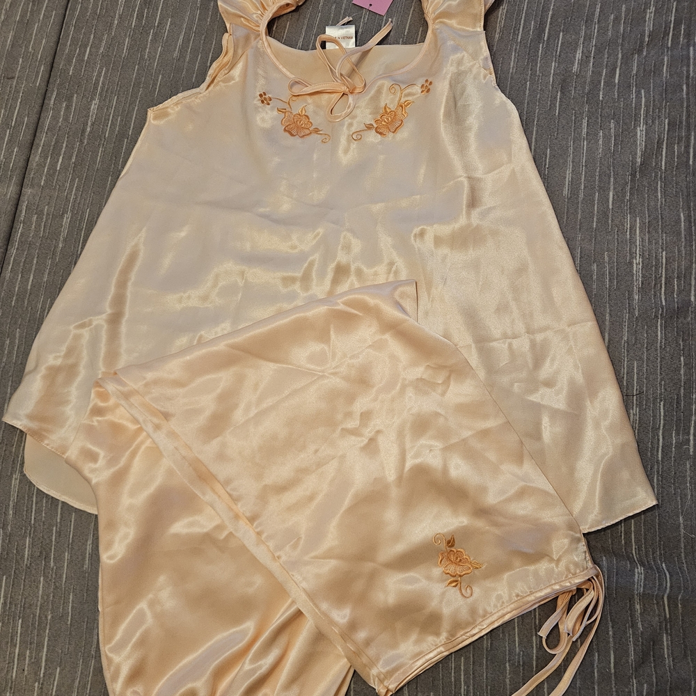 Sky Peach Satin Chemise and Slip Set